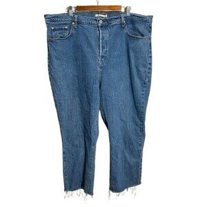 Levis Ribcage Straight Jeans 24W Blue Cotton Blend Stretch Raw Hem Button